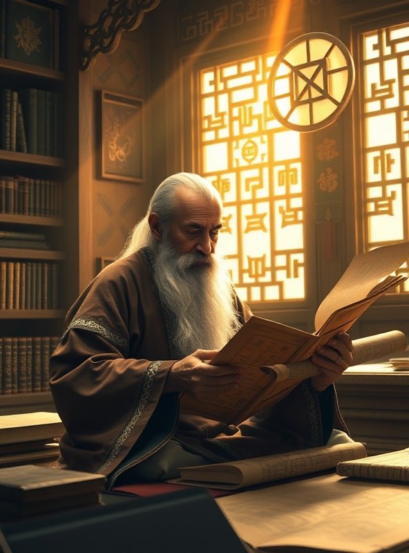 Sabio estudiando I-Ching